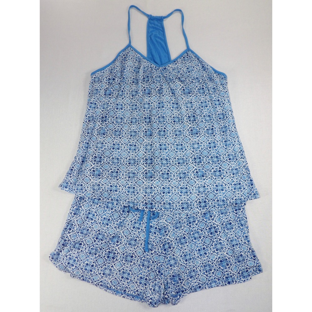 Echo Pajama Set Women XL Blue White Tile Print Racerback Cami Shorts Excellent